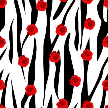 Vektör vintage kırmızı gül ve siyah çizgili arka plan sorunsuz tekrar desen yaprakları. Retro kumaş, duvar kağıdı, hurda projeler için harika.