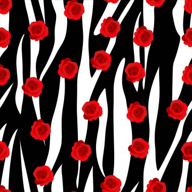 Vektör vintage kırmızı gül ve siyah çizgili arka plan sorunsuz tekrar desen yaprakları. Retro kumaş, duvar kağıdı, hurda projeler için harika.