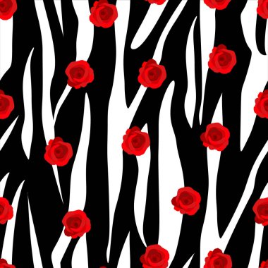 Vektör vintage kırmızı gül ve siyah çizgili arka plan sorunsuz tekrar desen yaprakları. Retro kumaş, duvar kağıdı, hurda projeler için harika.