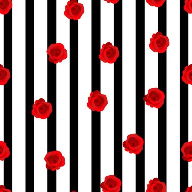 Vektör vintage pembe gül ve siyah çizgili arka plan sorunsuz tekrar desen yaprakları. Retro kumaş, duvar kağıdı, hurda projeler için harika.