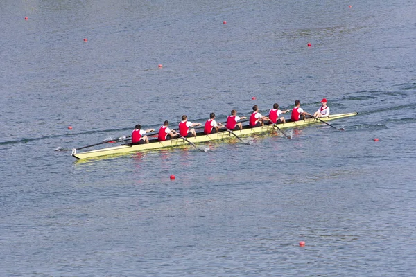 Rowers in eight-oar rowing boats on the tranquil lak