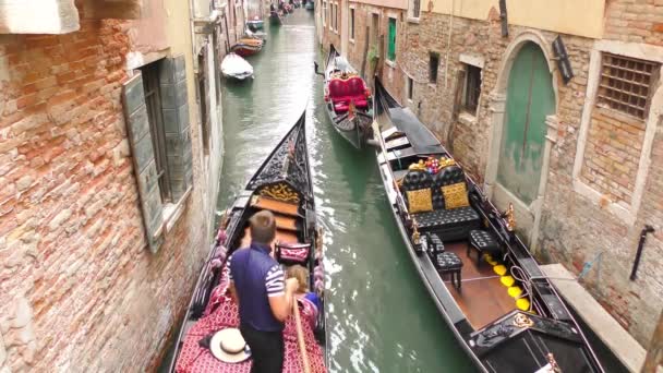 Вениция Италия Сентября 2018 Венецианский Гондольер Гондоле Перевозил Туристов Каналам — стоковое видео