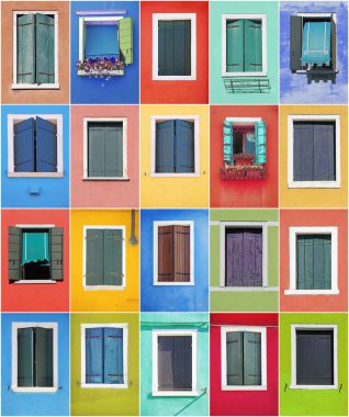 Renkli windows Burano, Venedik, Ital çerçevelerle kolaj