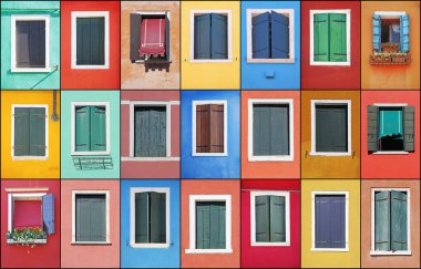 Kolaj renkli Windows çerçevelerle Burano, Venedik, İtalya