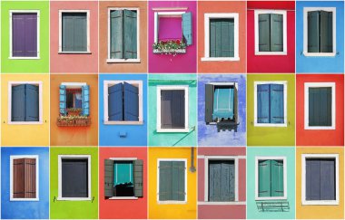 Kolaj renkli Windows çerçevelerle Burano, Venedik, İtalya