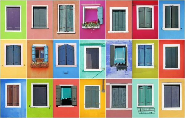 Collage aus bunten Fenstern mit Rahmen in burano, venedig, italien — Stockfoto