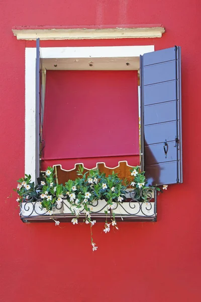 Okno Červené Zdi Zdobená Květinami — Stock fotografie