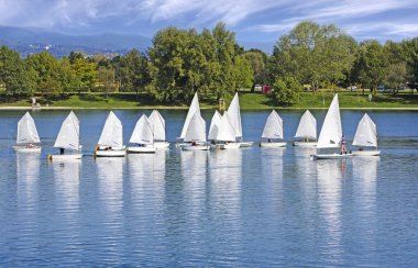 Regatta mavi göl kenarında küçük Yelkenli Gemiler