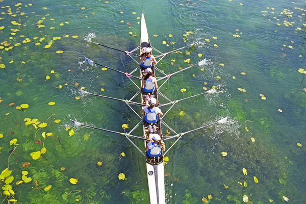 Quattro Womens Squadra Canottaggio Sul Lago Blu Aerial Vie — Foto Stock