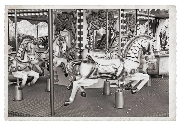 Vieux Carrousel Français Avec Des Chevaux Vintage Monochrome Photo — Photo