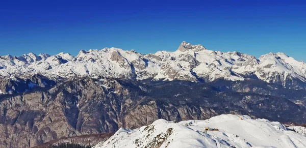 Panoramablick Auf Das Verschneite Skigebiet Vogel Slowenien — Stockfoto