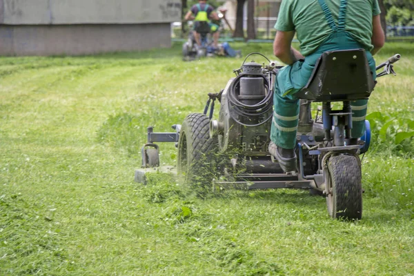 Worker mowing grass in a city park — Stock Photo, Image