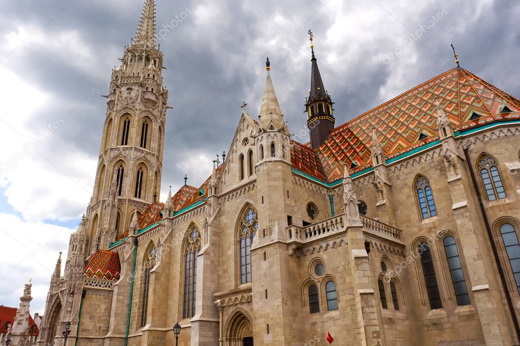 Matthias Church in Budapest, Hungary. Cloudy photo of the church