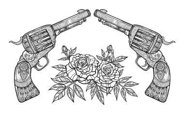 Silah ve gül şık vektör illüstrasyon. Dövme veya t-shirt üzerine baskı için resim