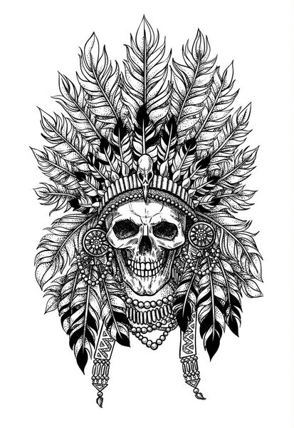 Stylish vector illustration of skull in crown with feathers. Image for tattoo or print on t-shirt 