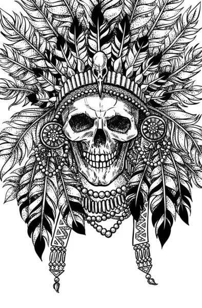 Elegante Ilustración Vectorial Cráneo Corona Con Plumas Imagen Para Tatuaje — Vector de stock