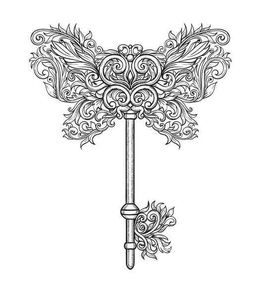 Стильна Векторна Ілюстрація Вінтажного Ключа Формі Метелика Малюнок Зроблений Татуювання — стоковий вектор