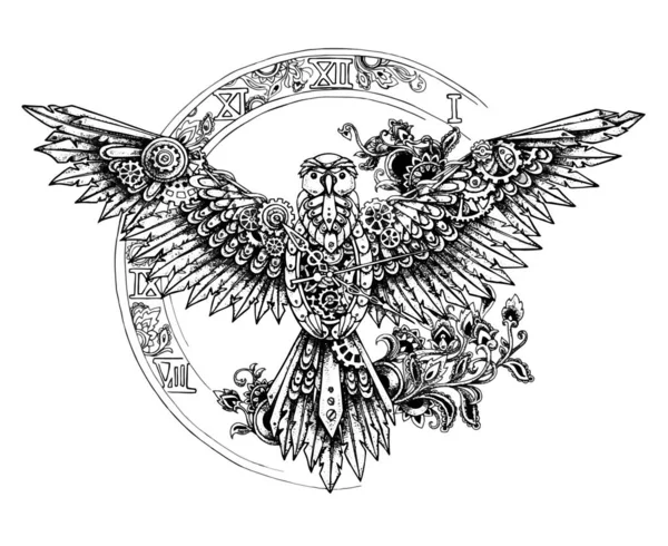 Elegante Illustrazione Vettoriale Uccello Con Ali Aperte Disegno Realizzato Tatuaggio — Vettoriale Stock