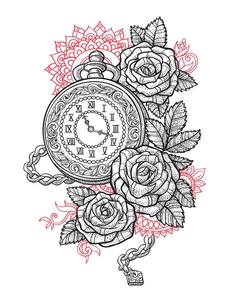 Elegante Illustrazione Vettoriale Orologio Epoca Con Rose Disegno Realizzato Tatuaggio Grafiche Vettoriali