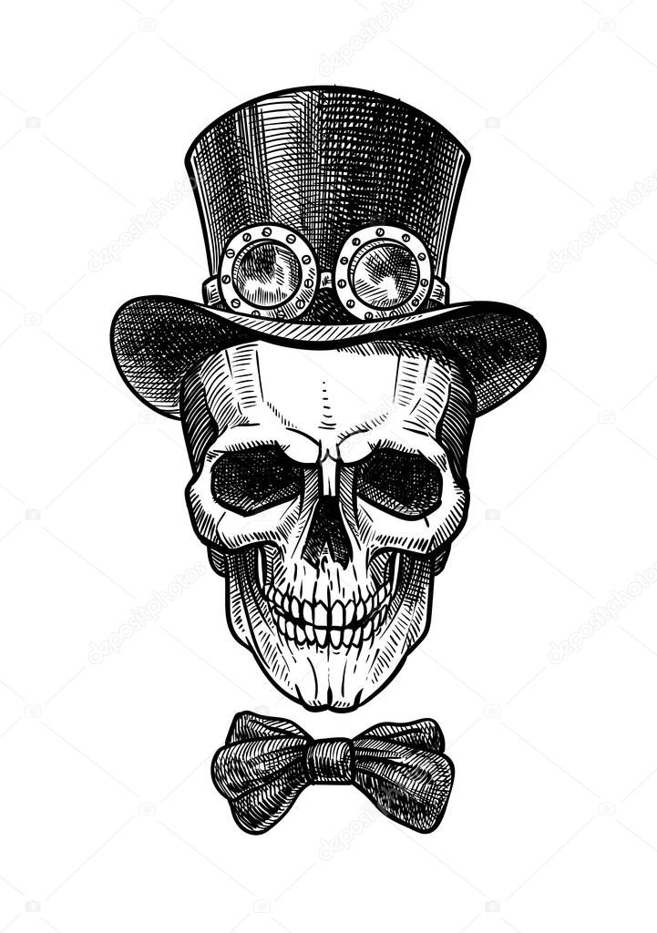 Stylish vector illustration of skull. Image for tattoo or print on t-shirt