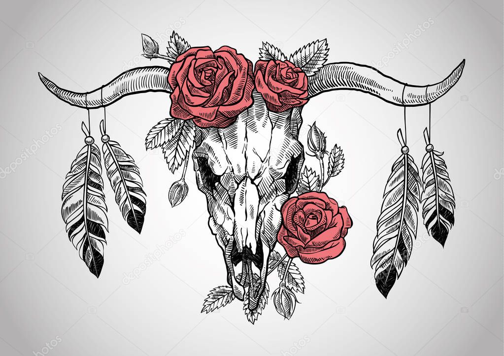 Stylish vector illustration of antelope skull. Image for tattoo or print on t-shirt