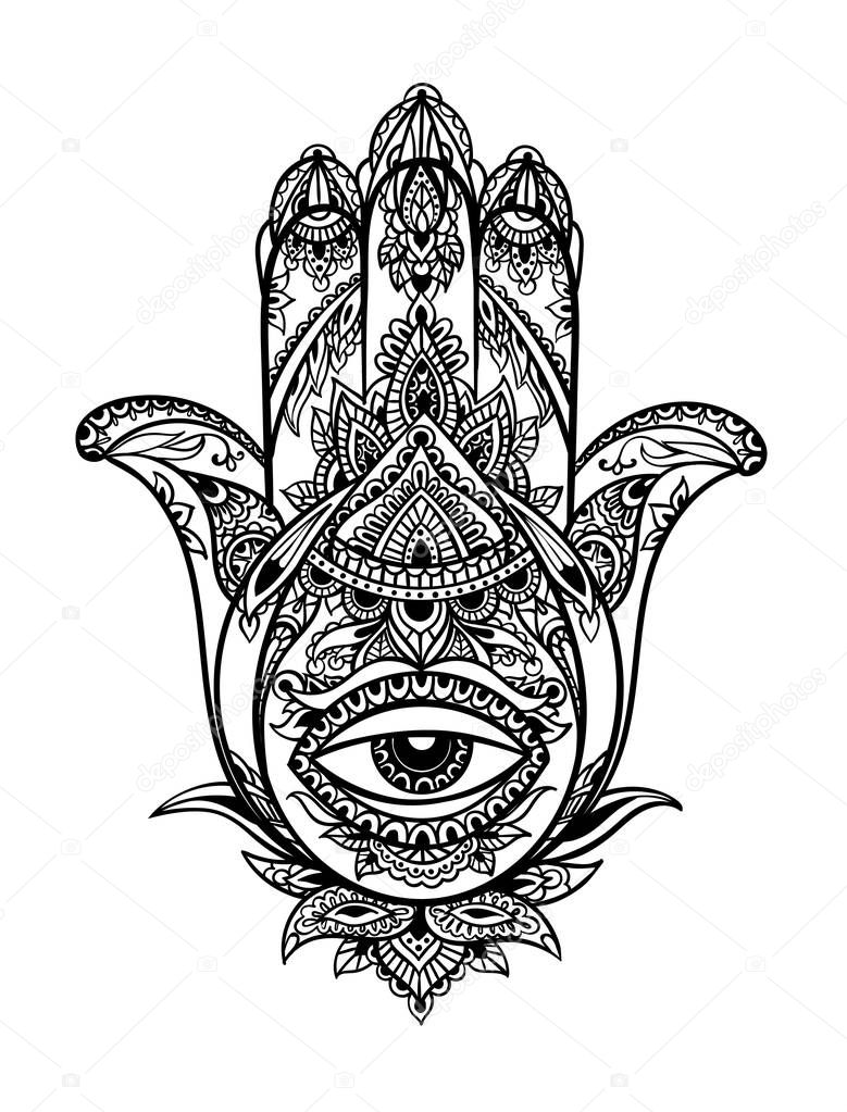 Stylish vector illustration of hamsa with eye. Image for tattoo or print on t-shirt