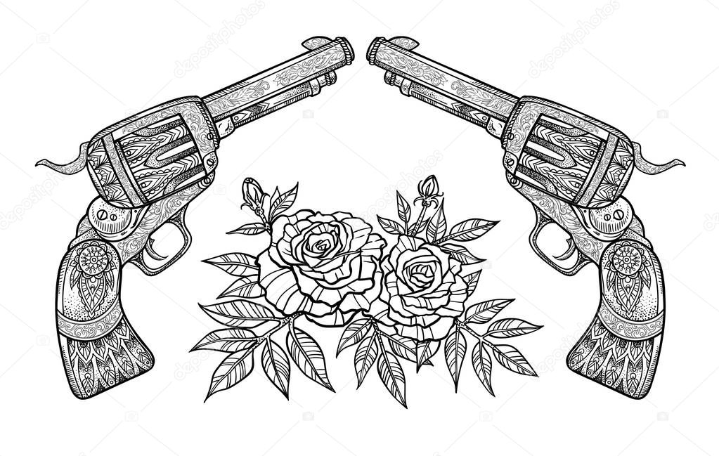 Stylish vector illustration of guns and roses. Image for tattoo or print on t-shirt