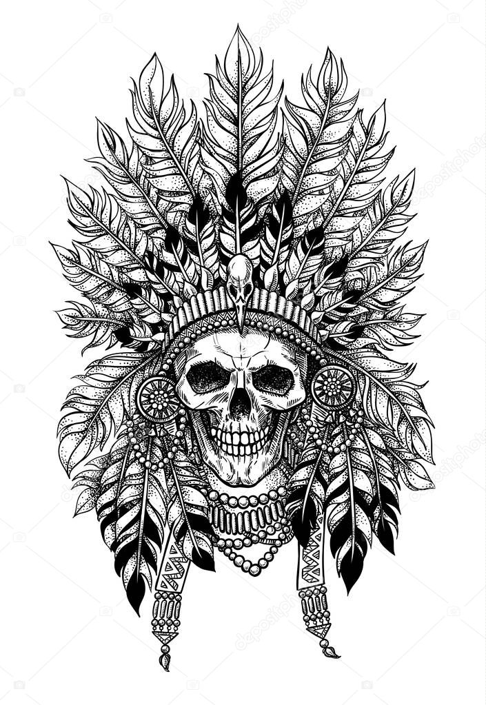 Stylish vector illustration of skull in crown with feathers. Image for tattoo or print on t-shirt 