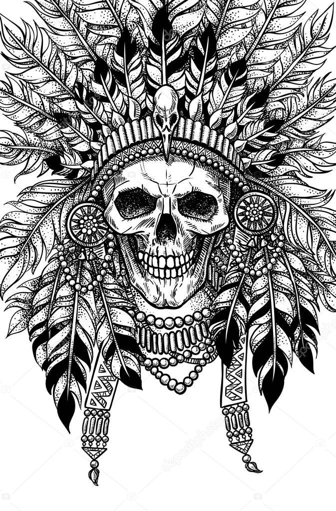 Stylish vector illustration of skull in crown with feathers. Image for tattoo or print on t-shirt 