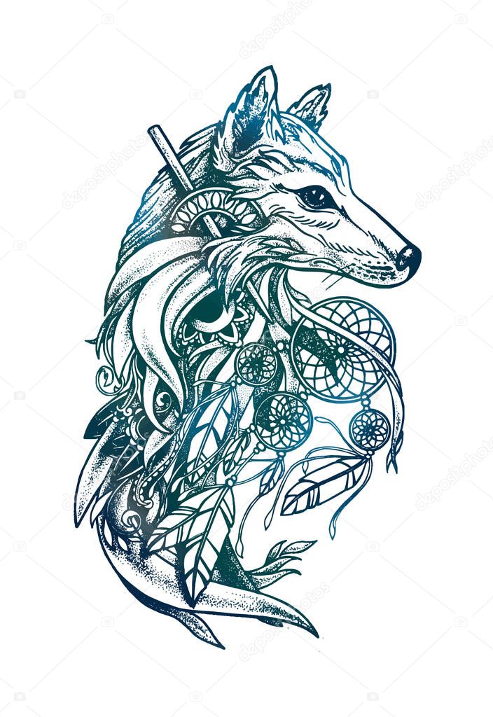 Stylish vector illustration of wolf muzzle with dreamcatchers. Drawing made for tattoo or print on t-shirt