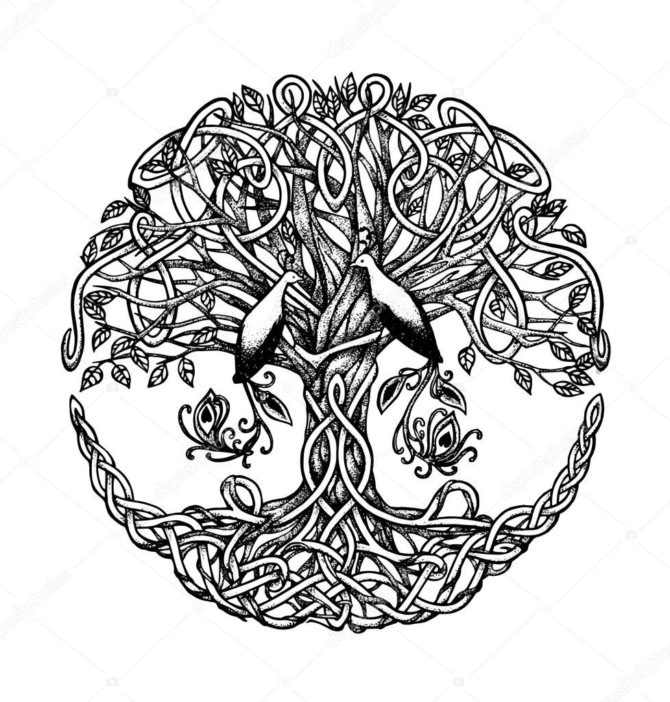 Stylish vector illustration of tree with two birds. Drawing made for tattoo or print on t-shirt
