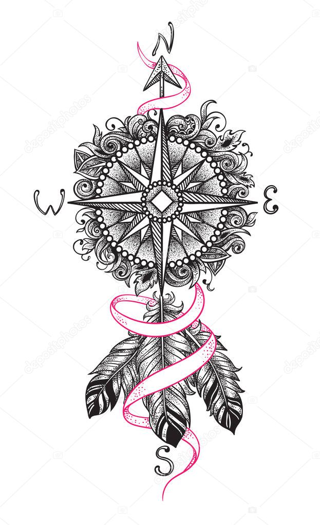 Stylish vector illustration of compass with feathers. Drawing made for tattoo or print on t-shirt