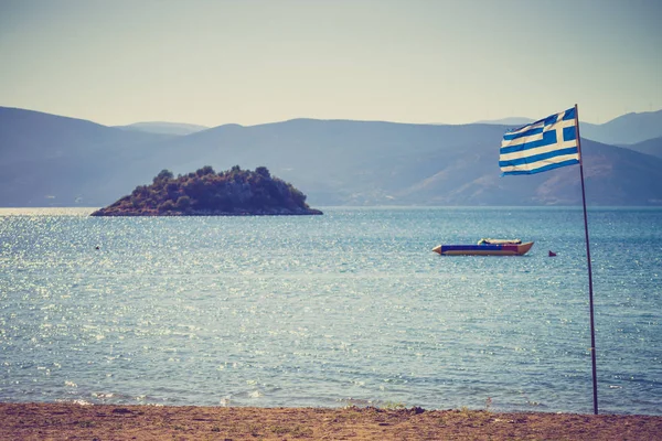 Zblízka Modrá Bílá Řecká Vlajka Vlající Větru Národní Památkový Koncept — Stock fotografie
