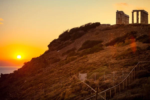 Yunanistan Cape Sounion Poseidon Bir Antik Tapınak Batımında Kalıntıları Seyahat — Stok fotoğraf