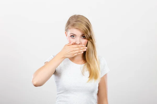 Saying Bad Things Shocking News Concept Ashamed Young Blonde Woman — Stock Photo, Image