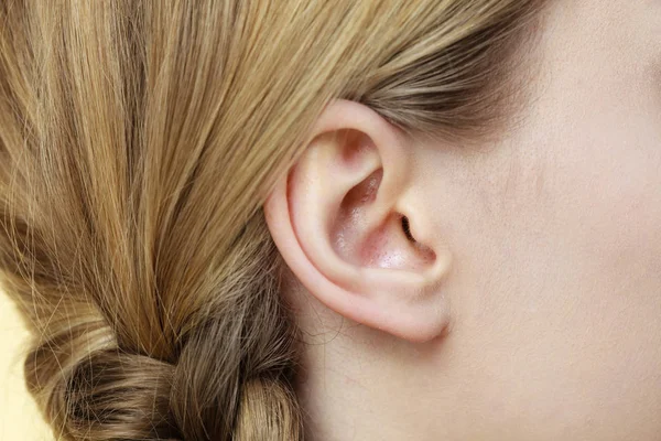 Détail Tête Avec Oreille Humaine Féminine Cheveux Tressés Blonds Gros — Photo