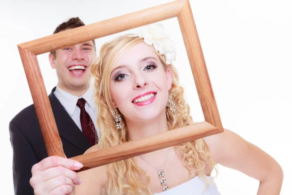 Wedding Day Positive Relationship Concept Groom Bride Holding Posing Empty — Stock Photo, Image