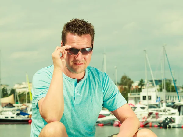 Fashion Details Accessories Concept Portrait Handsome Guy Summertime Wearing Blue — Stock Photo, Image