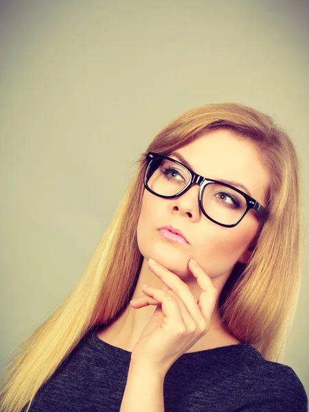 Intellectual Expressions Being Focused Concept Closeup Attractive Woman Thinking Face — Stock Photo, Image