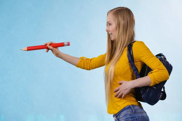 Feliz Joven Rubia Adolescente Que Escuela Universidad Con Mochila Celebración — Foto de Stock