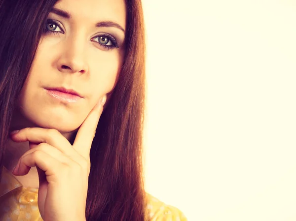 Portrait Young Funny Teenager Woman Having Happy Thinking Wondering Face — Stock Photo, Image