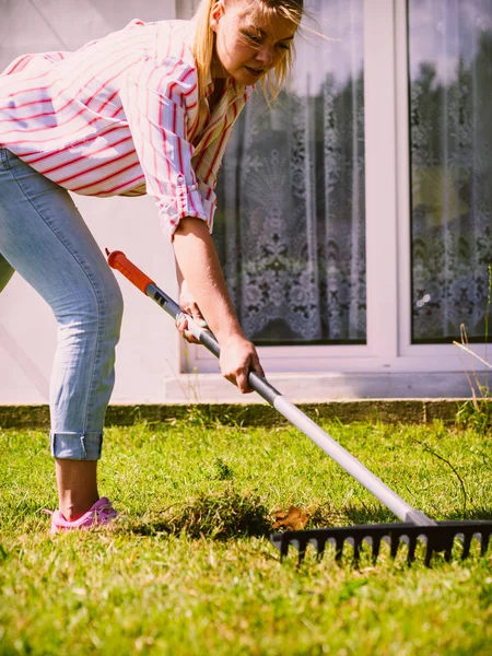 Gardening Female Person Young Woman Raking Green Lawn Grass Rake — Stock Photo, Image