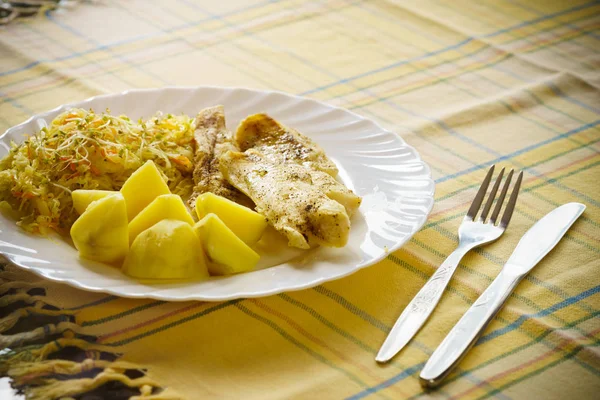 Yiyecekler Mutfak Masasında Salata Patatesli Lezzetli Balık Eti Hazır Yemek — Stok fotoğraf