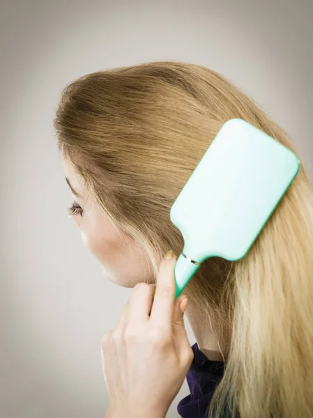 Woman Combing Her Hair Brush Young Female Beautiful Natural Blond — Stock Photo, Image