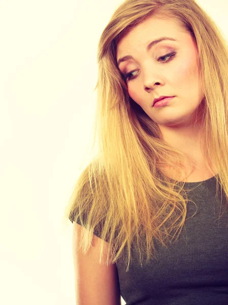 Ansikte Uttryck Känslor Koncept Sorgliga Söt Ung Blond Attraktiv Kvinna — Stockfoto