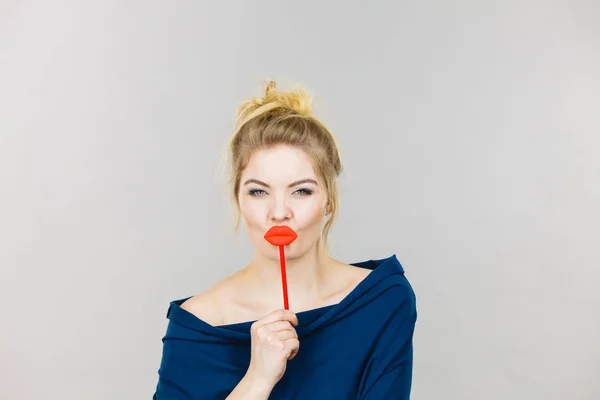 Funny Woman Holding Big Red Lips Stick Blonde Young Female — Stock Photo, Image