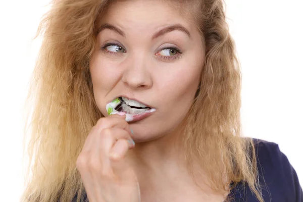 Woman Brushing Cleaning Teeth Positive Girl Toothbrush Oral Hygiene Isolated — Stock Photo, Image