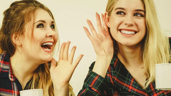 Dos Amigas Sentadas Juntas Sofá Charlando Chismorreando Tomando Café Divirtiéndose —  Fotos de Stock