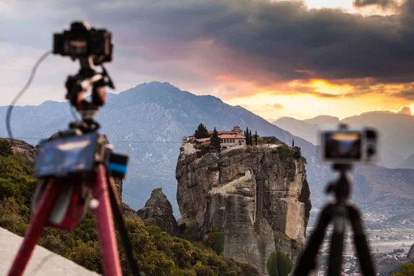 Professional Camera Tripod Taking Picture Film Video Holy Trinity Monastery — Stock Photo, Image
