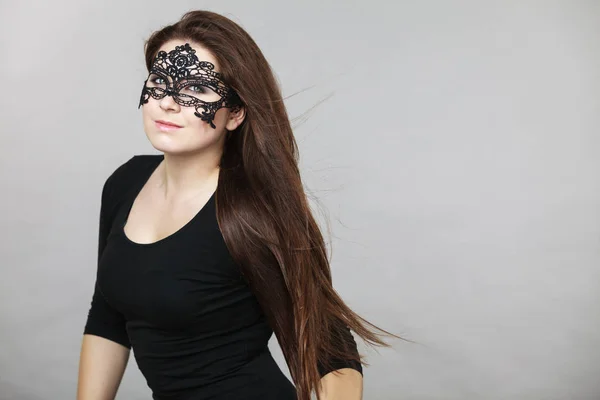 Happy Pretty Mysterious Woman Wearing Black Eye Lace Mask Having — Stock Photo, Image